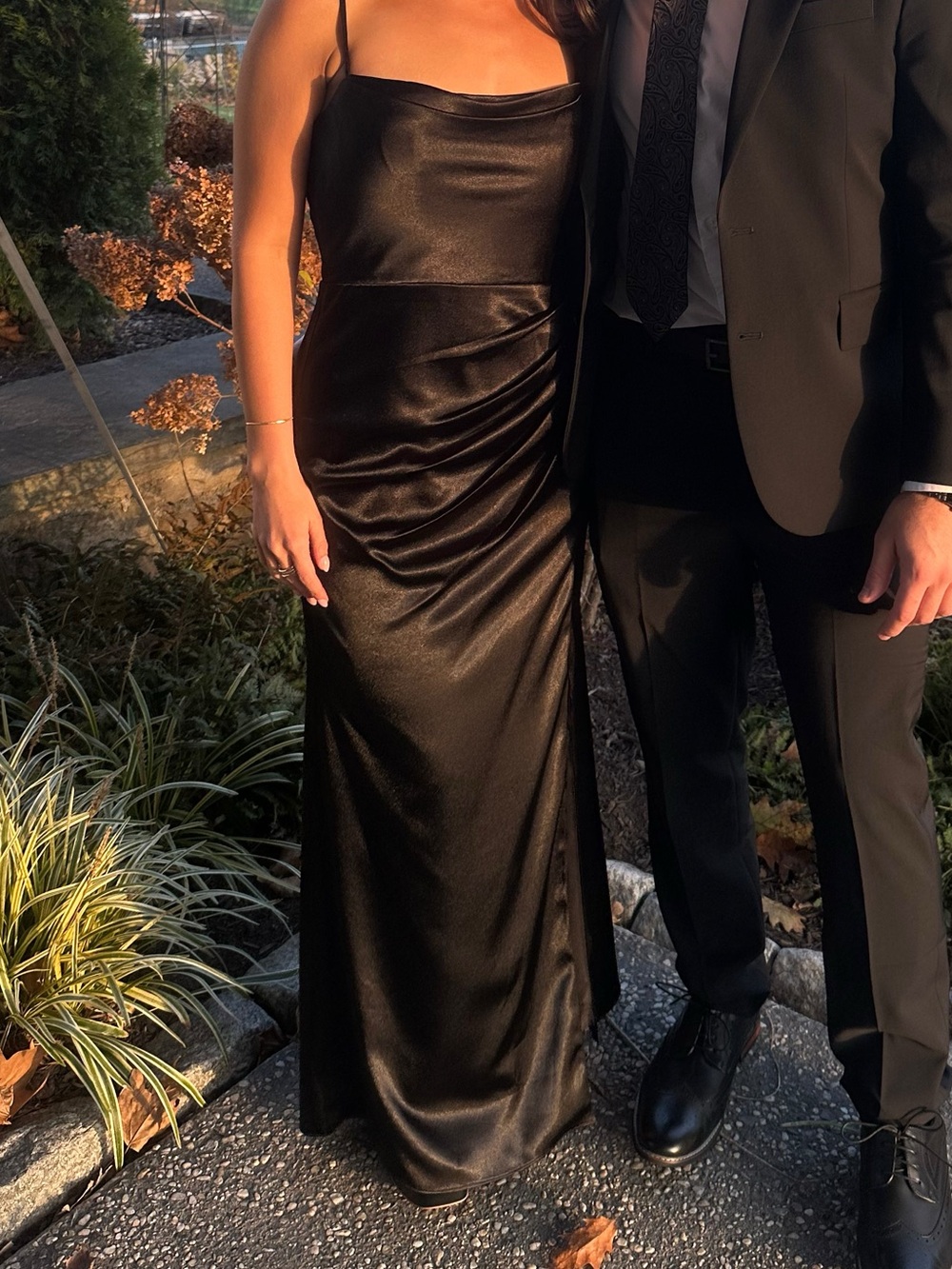 Azazie black metallic satin dress